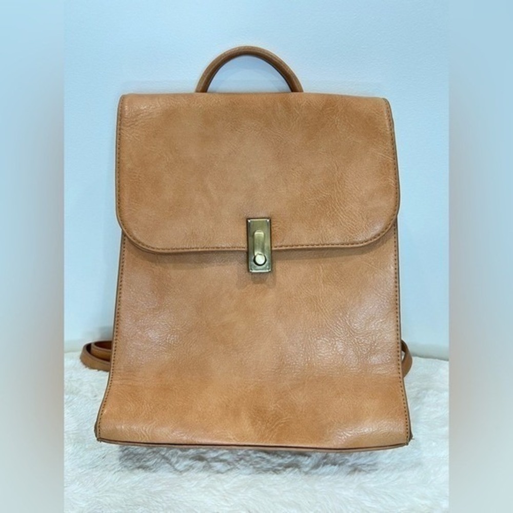 Antik Kraft Tan Cognac Vegan Leather Backpack‎ Floral Lining Turn Lock Brass